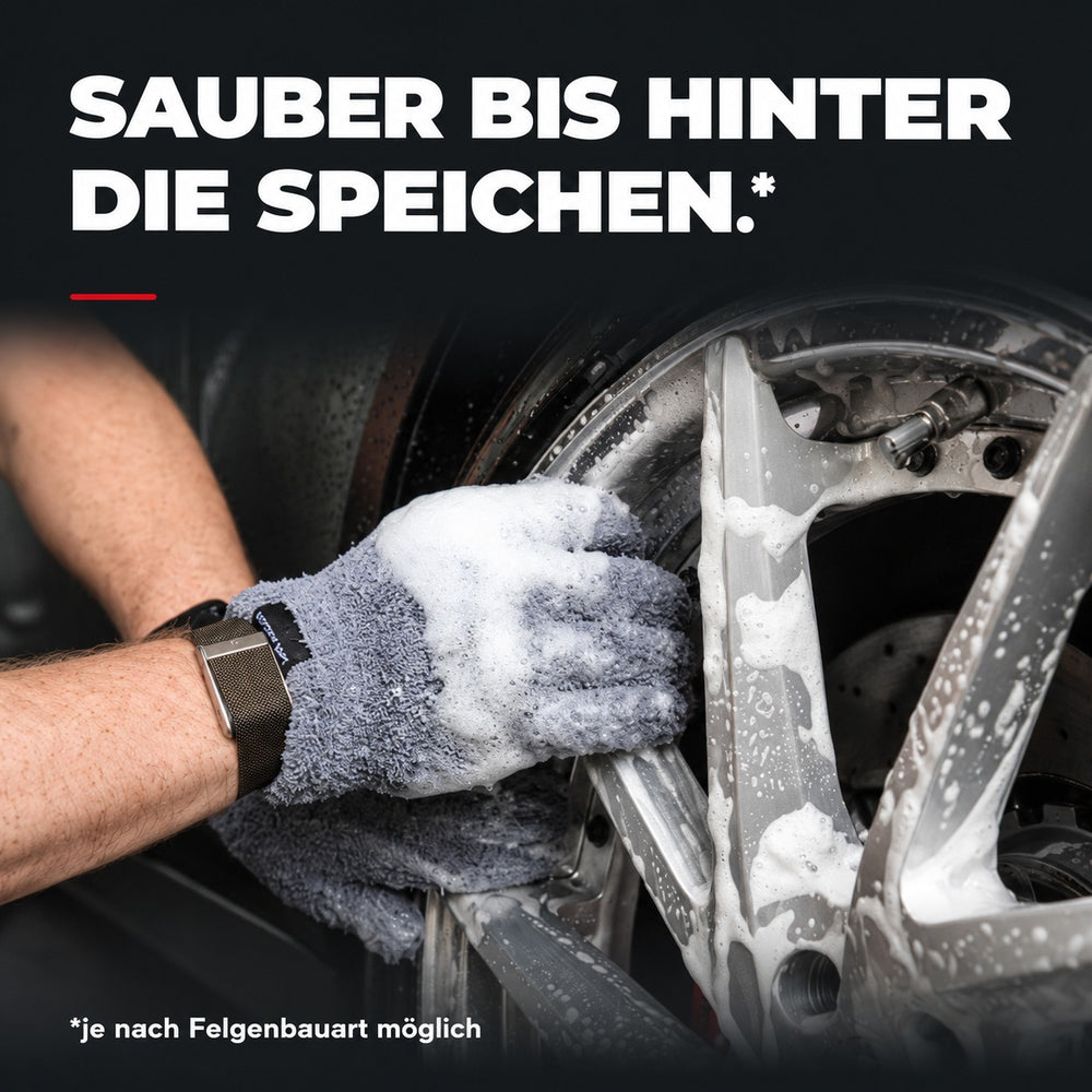 FingerFit Mikrofaserhandschuhe reinigen die Konturen und Rückseiten von Felgenspeichen