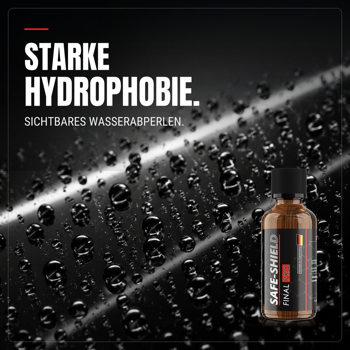 Gotas de agua sobre pintura oscura con Safe-Shield Final PRO: imagen de repelencia al agua