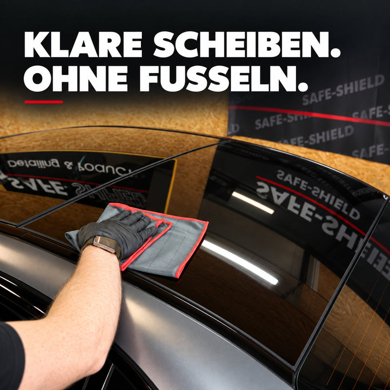 Illustration of car window cleaning with a Carbon towel for clear, lint-free glass