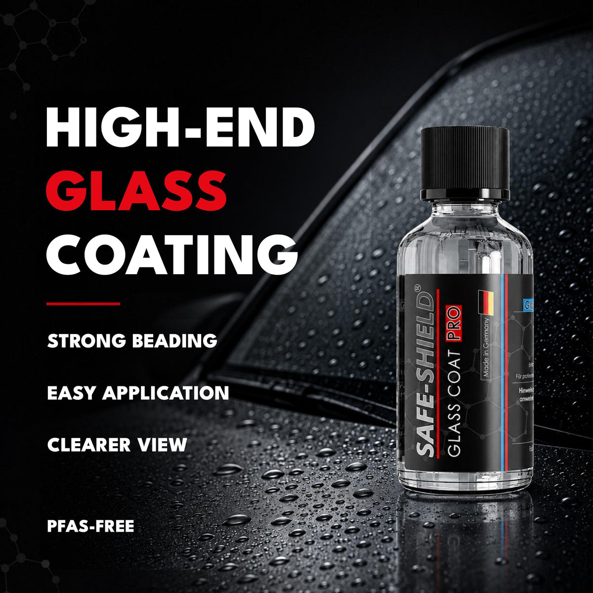 Safe-Shield Glass Coat PRO bottle beside a wet car window, highlighting strong beading, easy application and a PFAS-free formula.