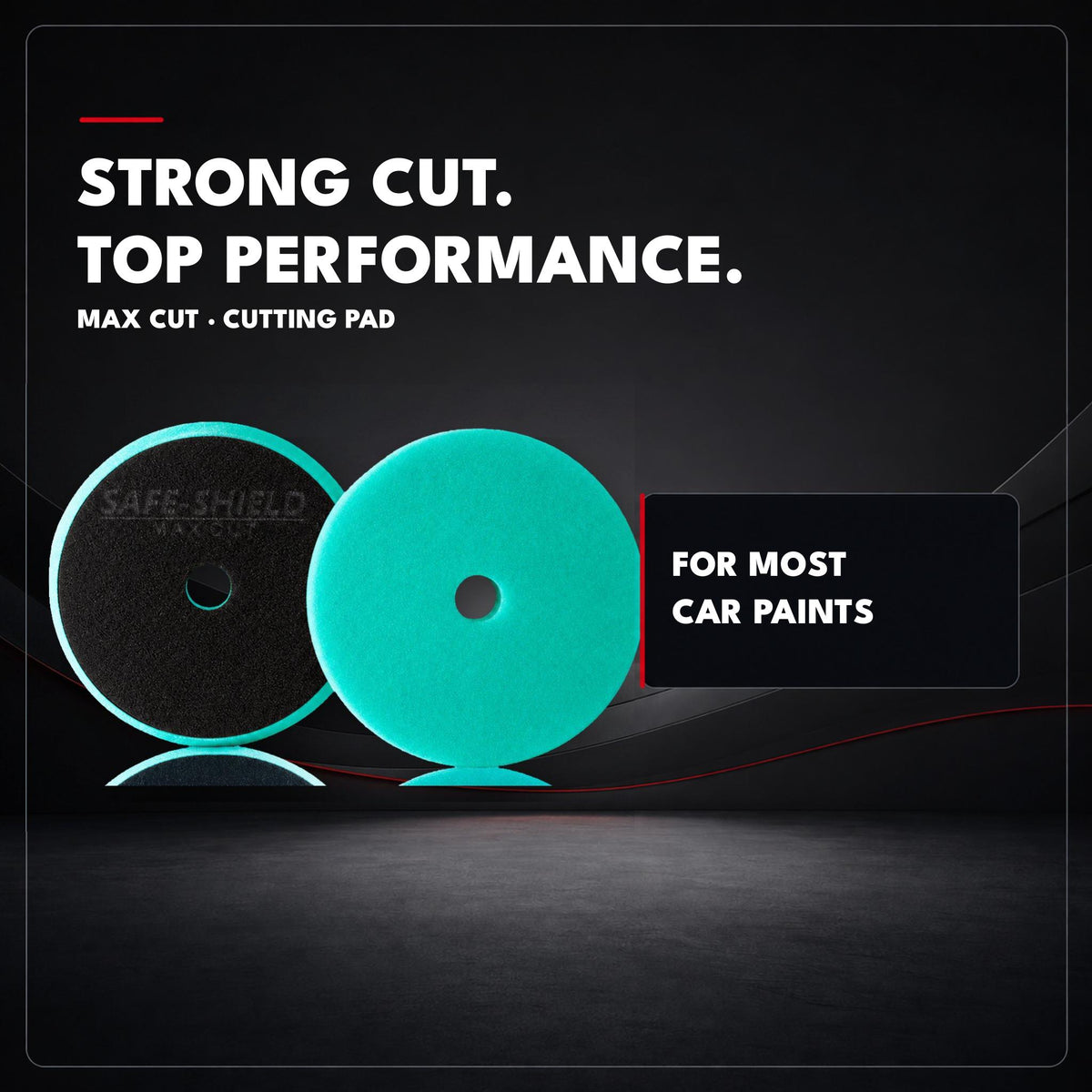 Green Safe-Shield Max Cut foam polishing pad for strong cut on most car paints, shown from the polishing and hook-and-loop sides.