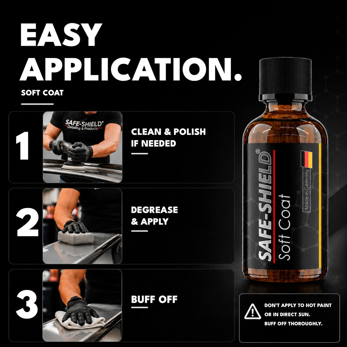 Soft Coat application: clean and polish if needed, degrease and apply, then buff off thoroughly. Avoid hot paint and direct sunlight.