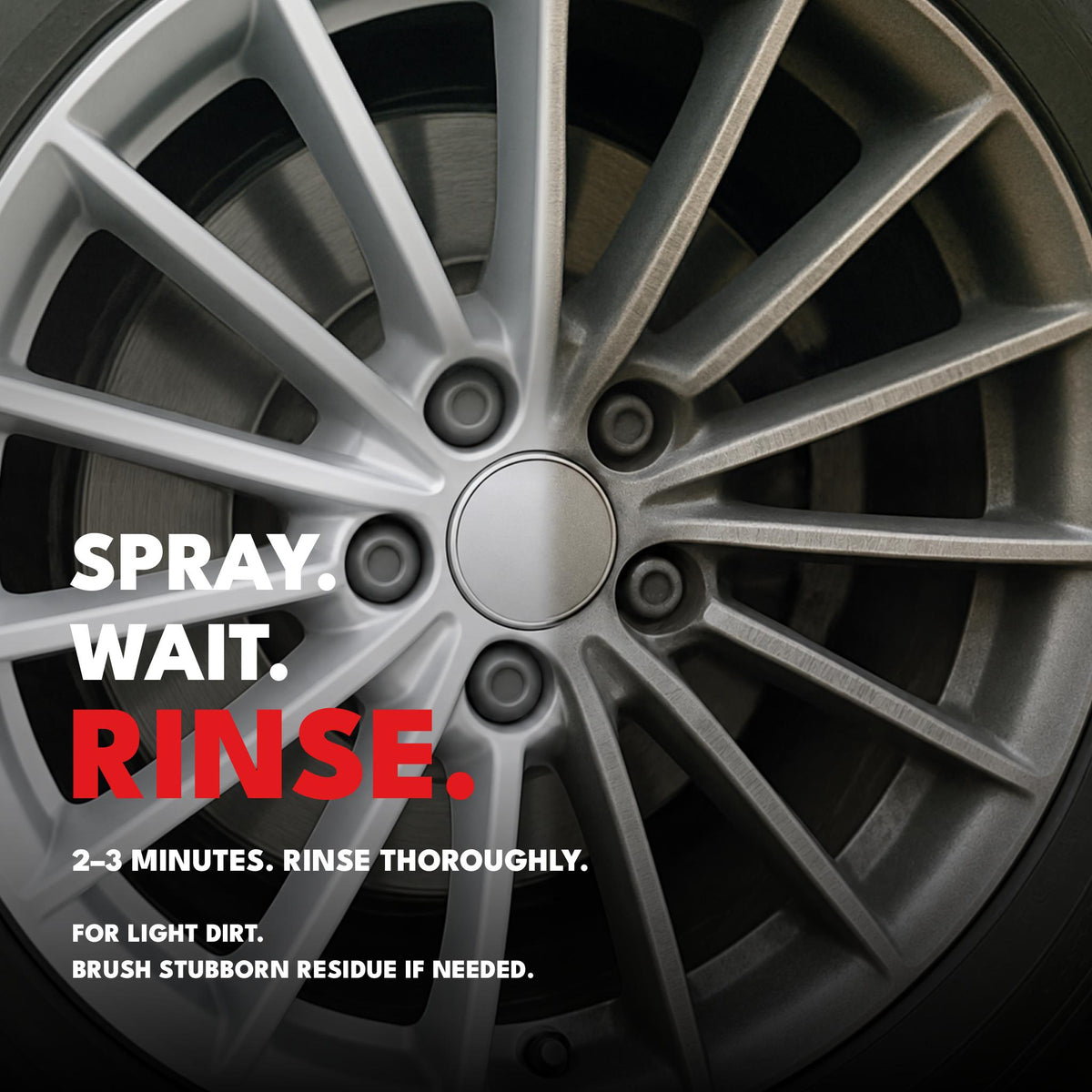 Safe-Shield Ultra Wheel Cleaner application: spray on, wait 2–3 minutes and rinse thoroughly; brush stubborn dirt if needed.