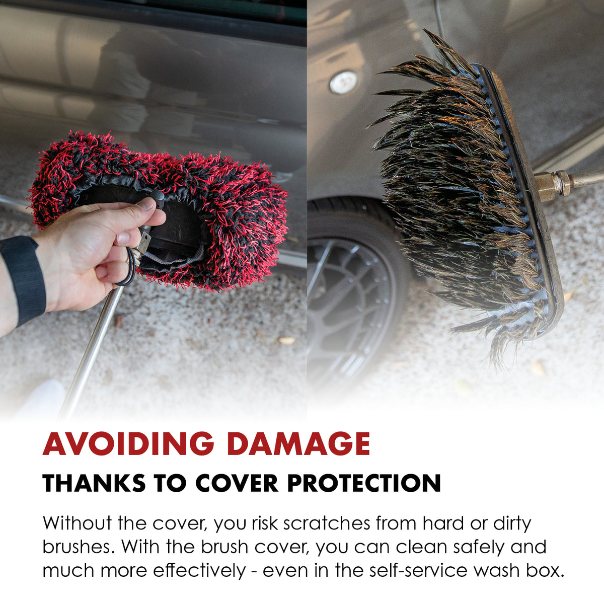 Car wash brush with Safe-Shield Brush Cover beside a brush with exposed bristles.