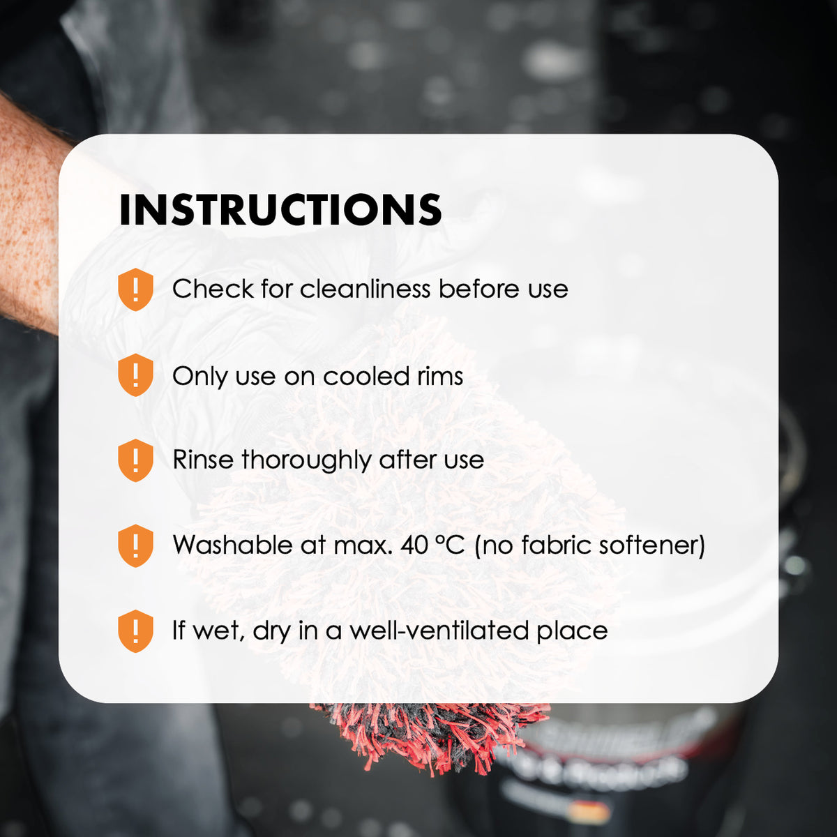 Care instructions for the Safe-Shield Wheel Mitt wheel wash mitt.