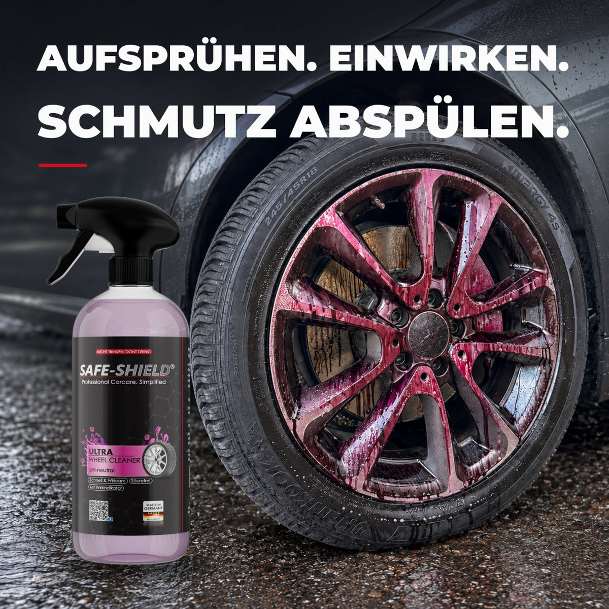 Safe-Shield Wheel Cleaner neben einer Felge mit violettem Wirkindikator – aufsprühen, einwirken lassen und Schmutz abspülen.
